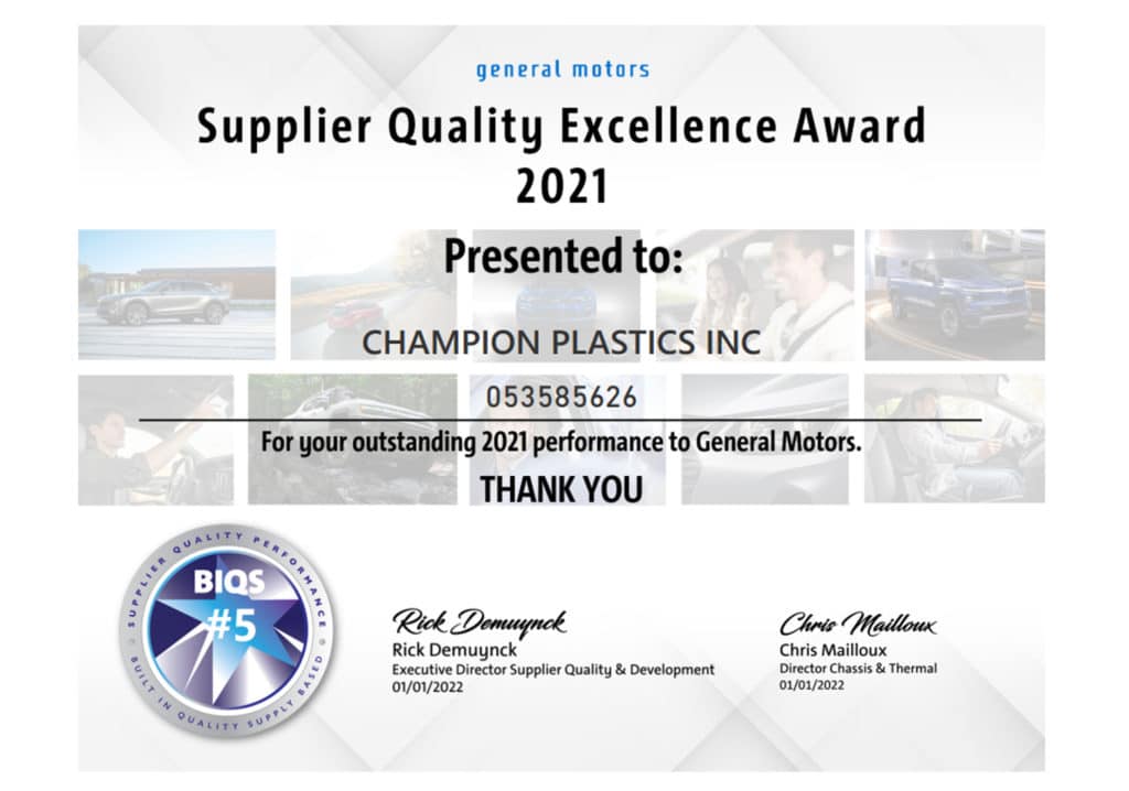 Champion Plastics GM Supplier Quality Excellence Award